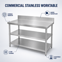 Meja Kerja Stainless Steel 3 Tingkat dengan Backsplash dan Rak Bawah Ganda, Meja Persiapan Dapur Komersial, Tugas Berat