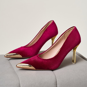 Scarpe Eleganti Xuanhui Coreane in Camoscio Bordeaux con Punta Dorata Metallica, <span class=keywords><strong>Tacco</strong></span> Sottile e Suola Antiscivolo in Gomma per Feste e Matrimoni - Product Image 6