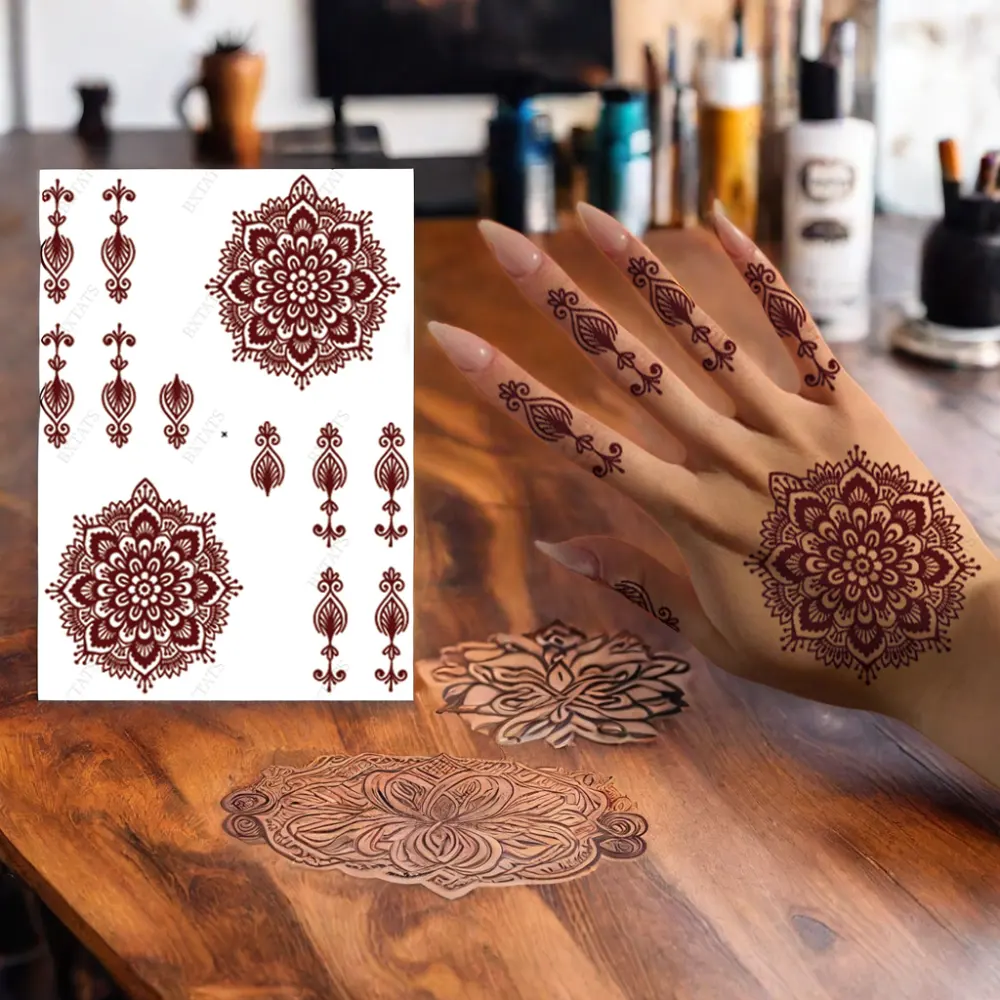 Groothandel Wateroverdracht Wegwerp Bruine Waterdichte Kant Henna Midden-Oosten Tattoo Sticker Sex Henna Tattoo Voor Mannen En Vrouwen