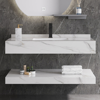 Kabinet Kamar Mandi Modern Dinding Terpasang Anti Air dengan Cermin Termasuk, Dilengkapi LED dan Plat Batu Lapis Ganda Tanpa Sambungan, Gambar HD