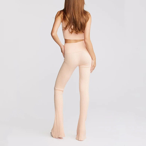 Pantalones de campana de punto acanalado <span class=keywords><strong>rosa</strong></span> de cintura baja, casuales, antiarrugas, antiestáticos, con botones y volantes, para primavera - Product Image 4