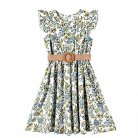 Robe trapèze vintage bohème à imprimé floral pour filles, avec manches à volants, tissu doux et respirant et ceinture tressée