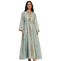 Robe longue Abaya Kaftan à manches longues et col montant, imprimé feuilles, broderie de sequins, en polyester respirant, avec ceinture, pour femmes musulmanes de Dubaï