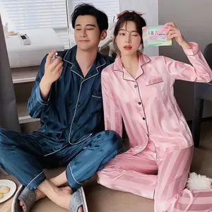 Lovers Pajamas Spring and autumn ladies long-sleeved sexy Cardigan suit men's crater satin thin clothing at home