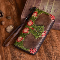 Dompet Wanita Andong Kulit Sapi Asli Vintage Embossed Long Clutch Purse Tas Ponsel Kulit Sapi Asli