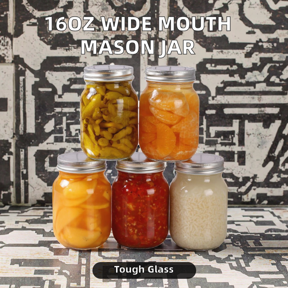 16oz Wide Mouth Glass Mason Jar with Aluminum Lid Regular Bands for Food Storage and Jam Jars