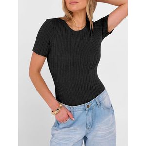 Womens Ribbed Knit <b>Top</b> Short Sleeve Crewneck Slim Fit Lightweight Summer Casual Sweater Shirt - Product Image 4