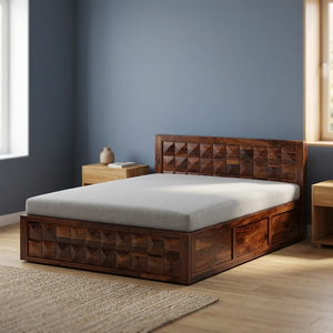 Modern Solid Wood Platform <b>Bed</b> <b>Frame</b> with Geometric Carved Headboard and Storage Cubes Bedroom Furniture - Product Image 3