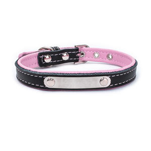 <span class=keywords><strong>Collar</strong></span> clásico de cuero auténtico para gatos y perros con nombre de mascota grabable, etiqueta de Metal, patrón sólido - Product Image 2