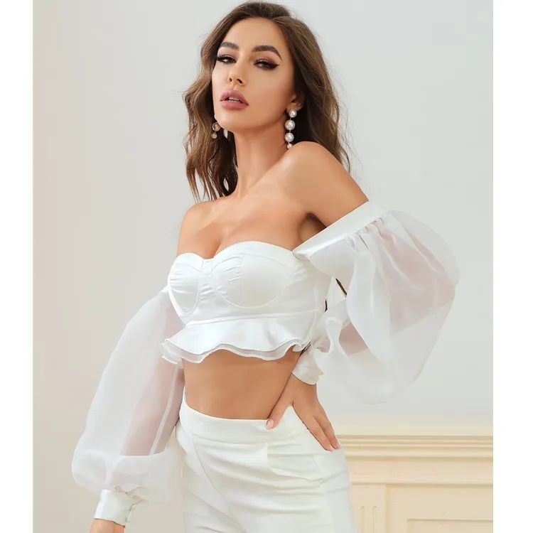 High Quality Summer Fashion Off Shoulder Long Sleeve Patchwork Crop Blouse Ladies Tops