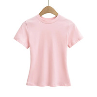 T-shirt décontracté d'été LXS22 à col rond, manches courtes, taille cintrée, effet amincissant, décoration en dentelle, imprimé géométrique, respirant