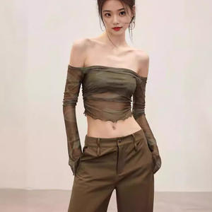 Camiseta <span class=keywords><strong>de</strong></span> <span class=keywords><strong>tul</strong></span> versátil estilo Ins <span class=keywords><strong>de</strong></span> <span class=keywords><strong>manga</strong></span> <span class=keywords><strong>larga</strong></span> con estampado Floral <span class=keywords><strong>de</strong></span> malla Retro con hombros descubiertos para mujer - Product Image 2