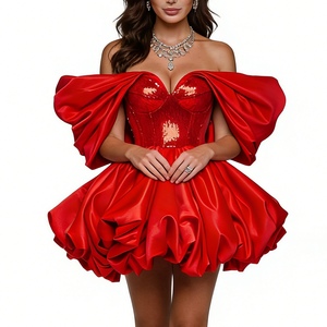 Women's <b>Red</b> <b>Sequin</b> & Satin Dress - Off-the-Shoulder With Dramatic Puffed Sleeves Dresses Fashion - Product Image 2