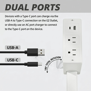 Multiprise murale extensible avec ports USB-A, USB-C et 2 prises CA, rotative à 180°, extensible de 22 à 34 pouces ° - Product Image 3