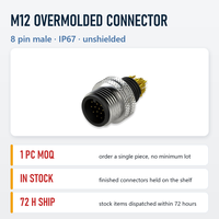 Connecteur M12 mâle circulaire à 8 broches, codage A, étanche IP67, type à souder, non blindé, câblable sur site, surmoulé, 1 pièce MOQ