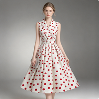 Robe Vintage Femme à Pois Très Vendue, Robe Midi Évasée Sans Manches à Col Revers et Ceinture, Idéale pour Fêtes Estivales et Usage Quotidien, Personnalisation OEM