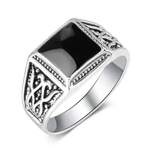 Antique Silver Zinc Alloy Metal Fashion Trendy Mens Valentine's Day gifts Zircon Black Crystal Jewelry Finger Rings