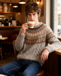 Мужской зимний свитер с узором «Остров» на заказ, дышащий пушистый Жаккардовый трикотажный свитер из смеси шерсти альпаки - Product Image 4