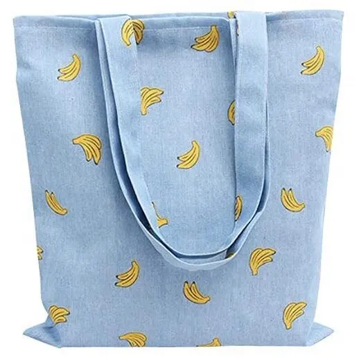 Girls Women Tropical Yellow Banana Print Blue Cotton Canvas Tote Shopping Bag Traveling Shoulder Causal Bag with Zipper Closure