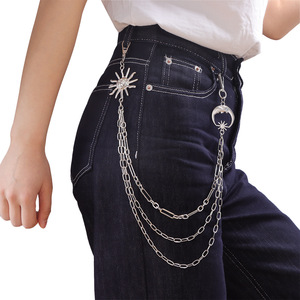 Cadena de cintura de varias capas con diseño de sol y luna, estilo tibetano, plateada, estilo hip hop, para uso diario. - Product Image 1