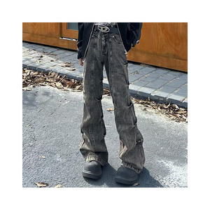 جينز رجالي جينز واسع جينز بأزرار لأسفل جينز مستقيمة فضفاضة بنمط الشارع دينم محبوك بساق متوسطة أمامي رمادي مغسول - Product Image 1