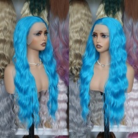 Wig sintetis HD Futura Fiber Premium 13X4 Lace Front warna biru hijau gelombang air tahan panas, natural dan realistis, tersedia grosir