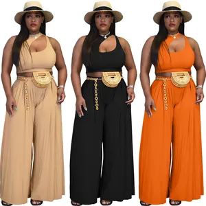 Plus Size Women's Summer Clothing 2023 Casual Cotton 2 Piece Sets Women Mock Neck Crop Top and Two Piece Wide Leg Pants Set