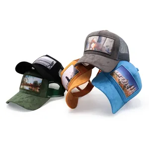 Gorra de malla con estampado de transferencia OEM, tu propio logotipo de parche sublimado Y2K, sombreros de camionero con foto de sublimación personalizada de terciopelo de gamuza esponjoso peludo