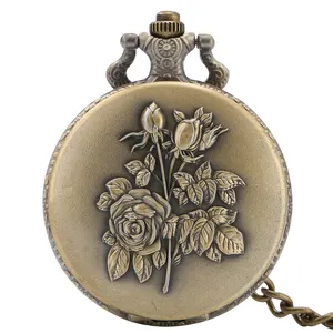 Relógio de bolso elegante com corrente de colar, colar retrô, modelo com flores, quartzo e movimento