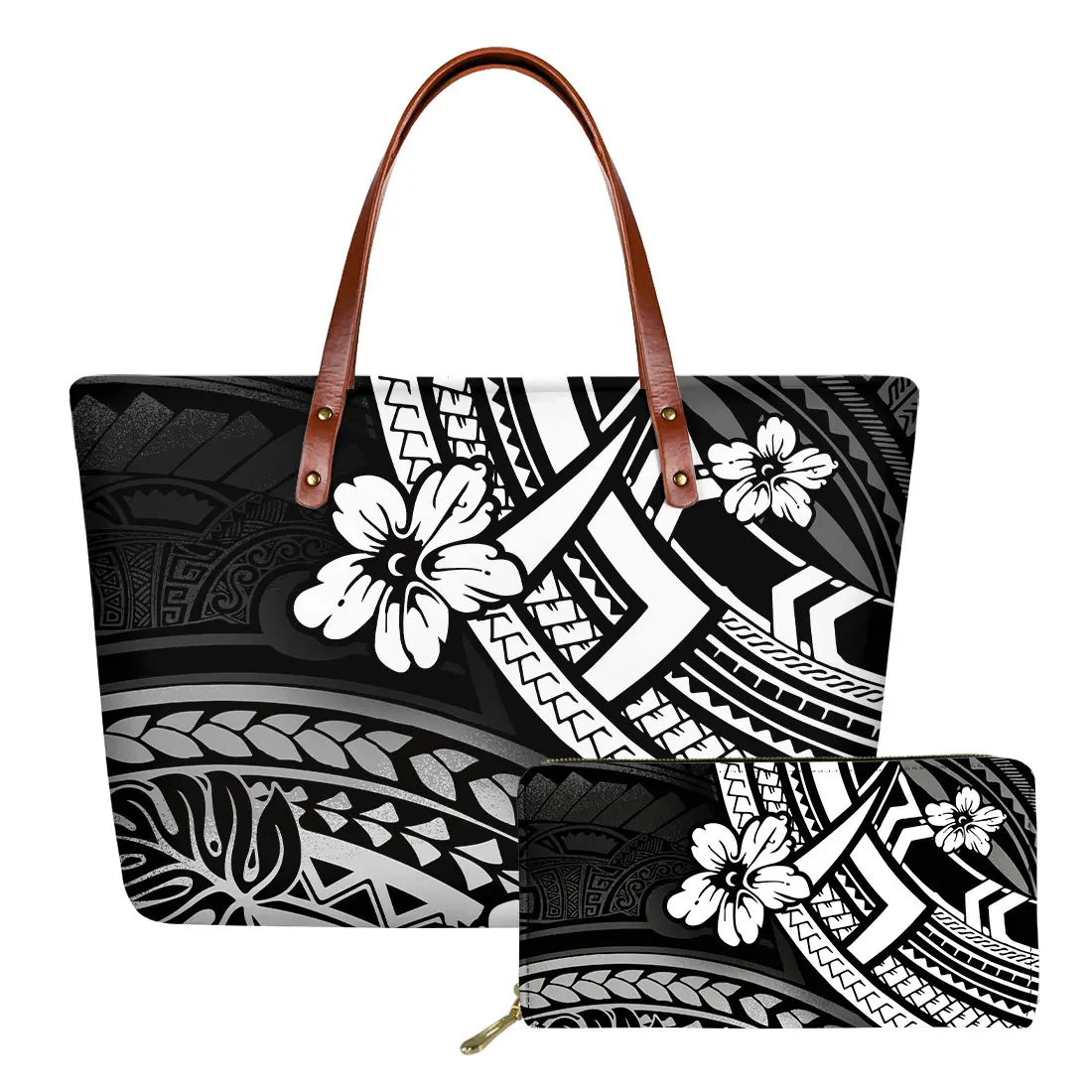 Sacs à main à imprimé de mode pour femmes, 2 pièces, sac à bandoulière Tribal noir en polynésienne, sacoche à poignée supérieure, fourre-tout