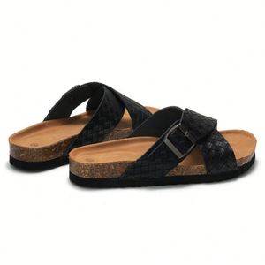 Sandales noires en cuir véritable à brides croisées avec boucle, semelle en liège, tongs d'été à bout ouvert, style classique - Product Image 5