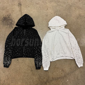 <strong>Clothing</strong> Manufacture Hot Pressing Drilling Bling Diamond Quarter Zip Cropped Acid Wash Rhinestone Men's Hoodie Sweatshirt - Product Image 1