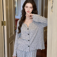 Nouvel ensemble de pyjama pour femme de style français, taille élastique, bonnets intégrés, imprimé floral délicat, tissu modal doux pour la peau