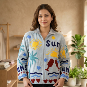 Chaqueta de terciopelo bordada para mujer con estampado de palmeras y corazones, cuello alto y manga larga - Product Image 5