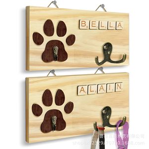 Soporte de pared de madera para collares de mascotas con diseño de pata y placas para nombres, para perros y gatos, soporte para correas, perchero y gancho de almacenamiento. - Product Image 5