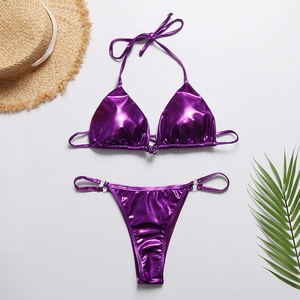 Bikini Metálico Triángulo Halter con Micro Tanga, de Secado Rápido, Sujetador Push-up y Braguita de Tanga en V, Brillante, de Dos Piezas para Mujer 2025 - Product Image 4