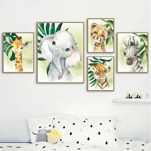 ヨンアニマルホースタイガーエレファントキリンウォールアート写真とポスターキャンバスにプリント油絵キッズルームの家の装飾