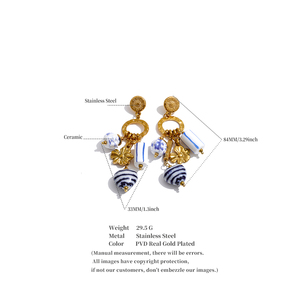 JINYOU 5754 <span class=keywords><strong>Orecchini</strong></span> <span class=keywords><strong>Pendenti</strong></span> Vintage Boho in Ceramica con Perline Geometriche Dorate e Fiori in Porcellana Blu e Bianca - Product Image 6
