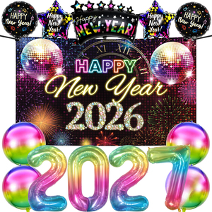 Grande Set Decorativo per <span class=keywords><strong>Capodanno</strong></span> 2027, Luci al Neon, Striscione Happy New Year, Palloncini in Foil <span class=keywords><strong>a</strong></span> Stella 4D Arcobaleno, Oro e Nero per Feste Disco - Product Image 1