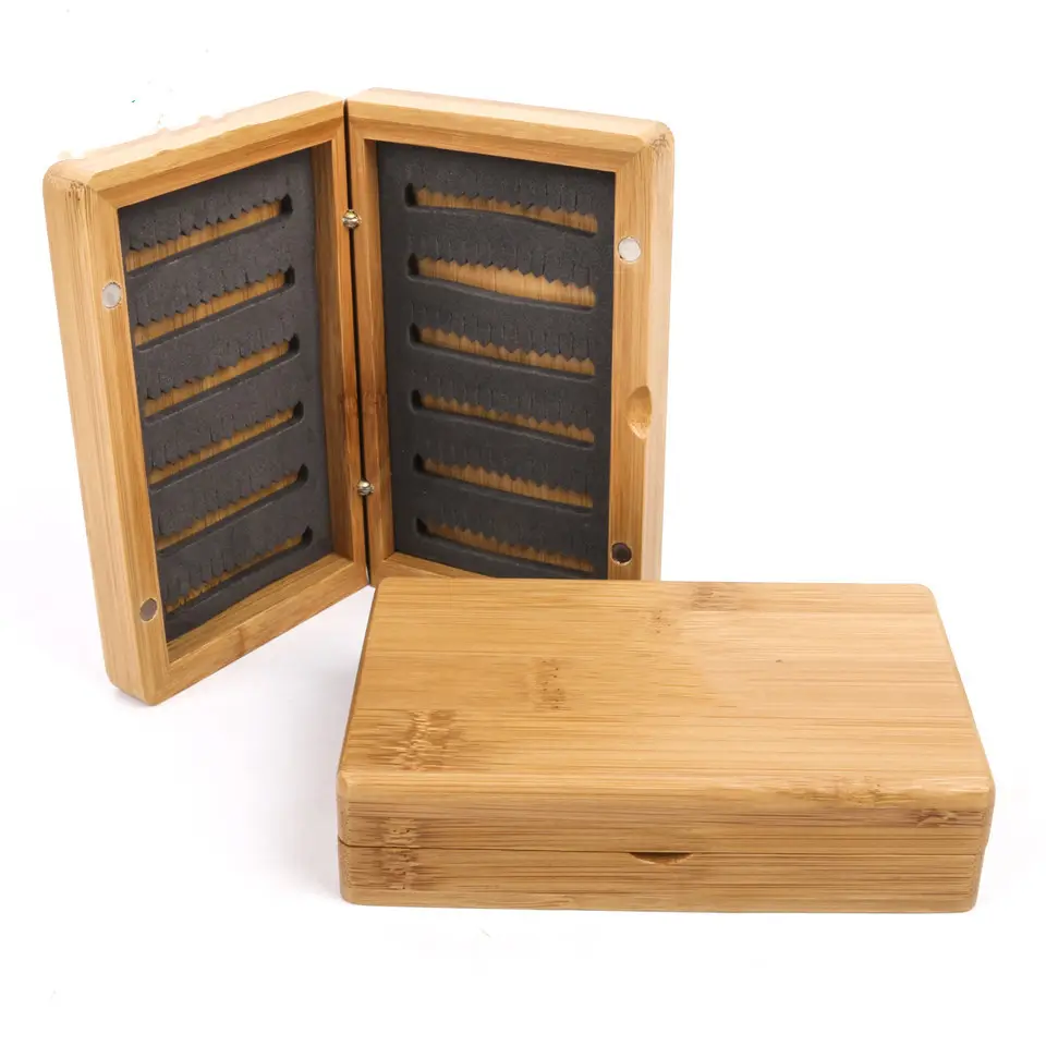 Caja de pesca con mosca de madera, inserto de espuma de bambú, venta al por mayor, disponible