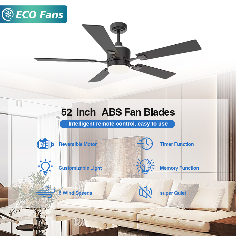 52 Inch ABS Ceiling Fan Lamp with Walnut Straight Blades, DC Pure Copper Motor and Smart Remote for Home Use