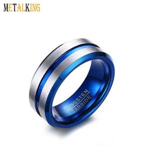 Cincin Tungsten Carbide, Cincin Pernikahan Pria Tepi Miring Beralur Pusat Biru 8Mm