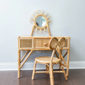 Ensemble coiffeuse et chaises en rotin naturel tissé pour filles, miroir de maquillage, meubles pour enfants sûrs - Product Image 1
