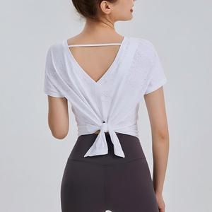 Wholesale Women's Textured Tieable Open Back Yoga Top Loose Quick Dry Workout Shirt Breathable Athletic Wear Running Gym Shirt - Product Image 1