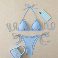 OEM Maillot de bain shorty sexy pour femme, style européen et américain, à bords ondulés, volants et cordon de serrage, coupe haute, pour plage et resort, pour filles audacieuses