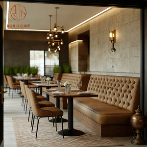 ชุดโต๊ะเก้าอี้หนังสีน้ำตาลสไตล์โมเดิร์นวินเทจสำหรับร้านอาหาร คาเฟ่ ยี่ห้อ Ron Group Restaurant พร้อมขาโลหะและโต๊ะไม้ - Product Image 3