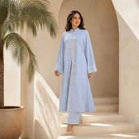Ensemble coordonné en coton Loriya Abaya islamique avec boutons chinois, tunique longue et pantalon assorti, garniture en dentelle, tenue modeste