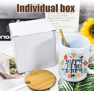 Taza de Cerámica para Sublimación HTPmart de 15 oz con Tapa de Bambú y Cuchara de Acero Inoxidable, Taza de Café con Logotipo Personalizado y Caja Blanca para Té, Leche - Product Image 2