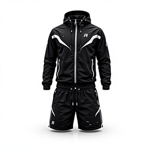 Conjunto Deportivo para Hombre, Sudadera con Capucha Negra, Manga Larga, Cierre Frontal, Pantalones Cortos de Secado Rápido, Corte Regular, para Otoño - Product Image 1