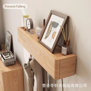 Wooden wall-mounted <b>storage</b> rack with hidden hooks for <b>clothes</b> and hats, front door <b>storage</b> rack - Product Image 2